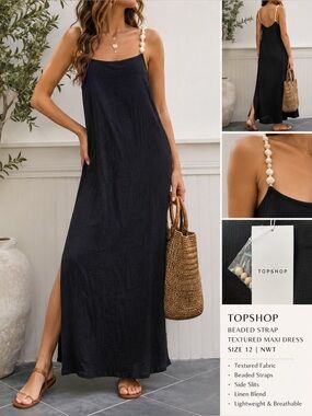 Topshop Black Linen Blend Maxi Dress Beaded Straps Side Slit Size 12 NWT